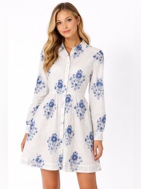 Livro White Blue Floral Shirt Dress Button Front Long Sleeve Cotton Dress